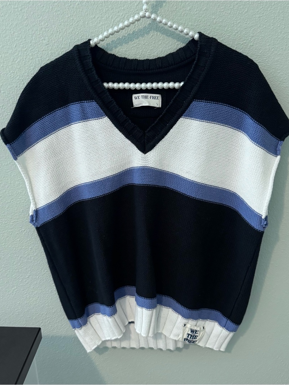 Free People Black, White & Blue Striped V-Neck Sweater Vest